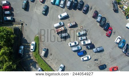 Labuan,malaysia-june 7,2018:aerial View Of Cars Parking In Area Carpark Water Village Known As Patau
