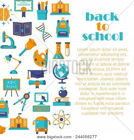 Back To School Flat Banner With Various Symbols Of Supplies Vector Illustration. Globe Blackboard Pa