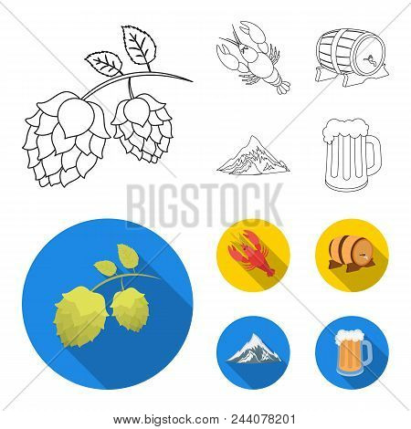 Alps, A Barrel Of Beer, Lobster, Hops. Oktoberfest Set Collection Icons In Outline, Flat Style Vecto