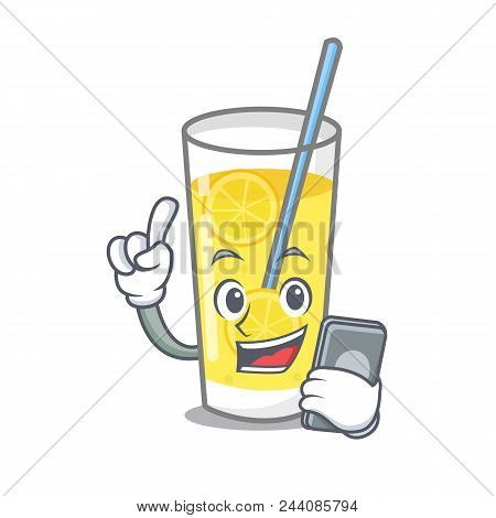 With Phone Lemonade Character Cartoon Style Vector Illustration