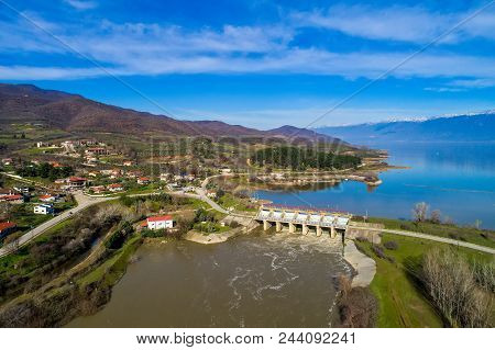 Aerial View Of The Artificial Lake Kerkini And River Strymon With Dam At The North Greece