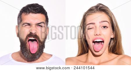 People&positive Emotions Concept. Set Of Man And Woman Emotional Portraits. Collection Of Funny Face