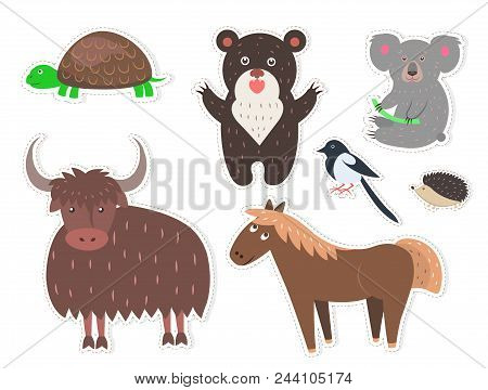 Wild Cartoon Animals Stickers Isolated On White Background. Small Turtle, Brown Bear, Black And Whit