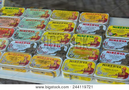 Aveiro, Portugal - August 09, 2017: Sardines In Cans On A Shelf In A Shop. Portuguese Souvenir