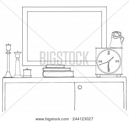 Sketch Of The Interior. A Table, A Bedside Table, A Shelf With Various Interior Items. Can Be Used A