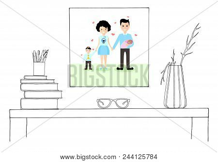 Sketch Of The Interior. A Table, A Bedside Table, A Shelf With Various Interior Items. Can Be Used A
