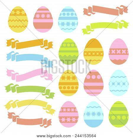 Set Of Colored Isolated Easter Eggs And Ribbon Banners On White Background. With An Abstract Pattern