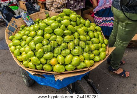 A View Of A Typical Fruit Market Scene In The Central Street Market In San Salvador, El Salvador.