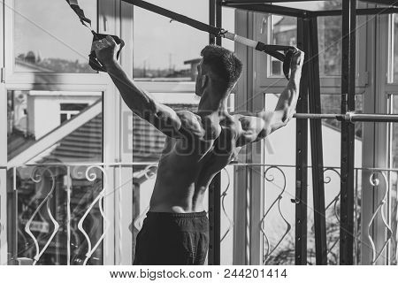 Sports Instructor. Sport And Gym Concept. Man With Nude Torso, And Muscular Back In Gym Enjoy Traini