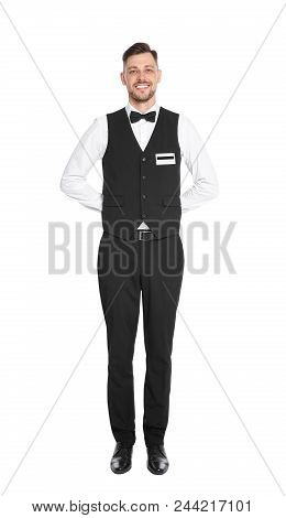 Full Length Portrait Of Handsome Waiter In Elegant Uniform On White Background