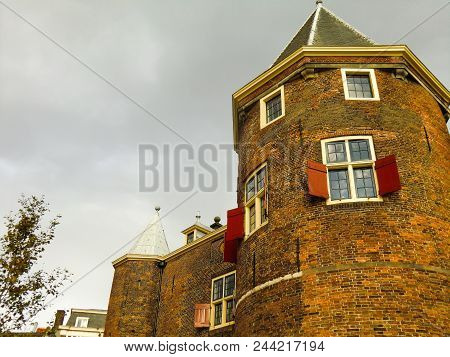 In De Waag From Below, 15th Century City Gate Which Is Now A Restaurant In Nieuwmarkt Square, Amster