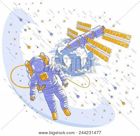 Astronaut Flying In Open Space Connected To Space Station And Earth Planet In Background, Spaceman I
