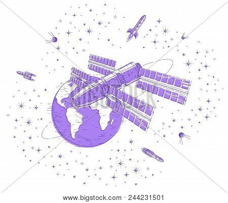 Space Station Orbiting Around Earth, Spaceflight, Spacecraft Spaceship Iss With Solar Panels, Artifi