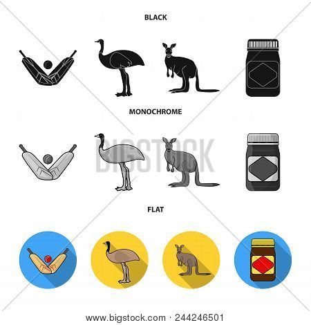 A Game Of Cricket, An Emu Ostrich, A Kangaroo, A Popular Food.australia Set Collection Icons In Blac