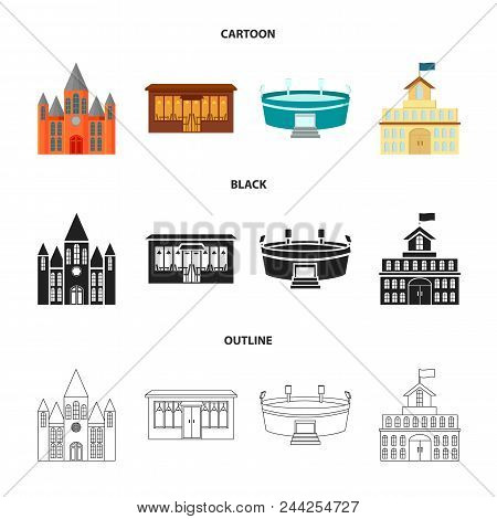 House Of Government, Stadium, Cafe, Church.building Set Collection Icons In Cartoon, Black, Outline 