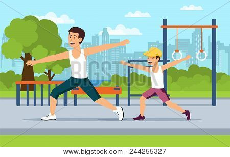Cartoon Dad And Son Do Sports Together On Playground.active Leisure Concept.vector Flat Illustration