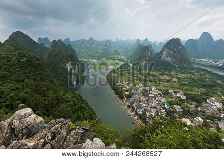 Landscape Of Guilin, Li River And Karst Mountains. Located Near The Ancient Town Of Xingping, Yangsh