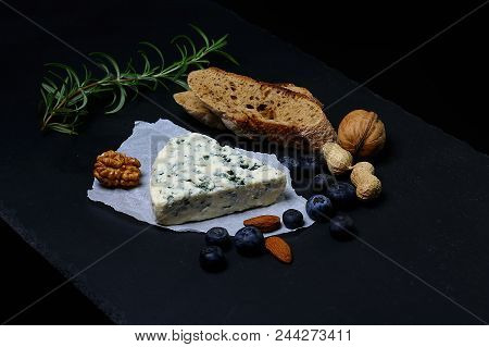 Food Banner. Dorblu, Salty Blue Cheese And Gauda Tasting With Berries, Nuts, Snack, Big Size Resolut