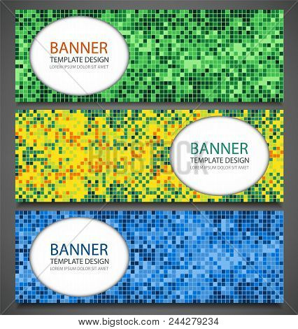 Abstract Banners Set With Colorful Pixel Background. Party Invetation Design Template. Vector Illust