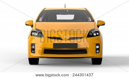 Modern Family Hybrid Car Yellow On A White Background With A Shadow On The Ground. 3d Rendering