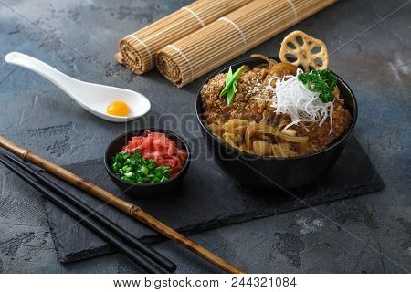 Fried Pork Cutlet Rice Bowl Katsudon, Japanese Food Style, Dark Background