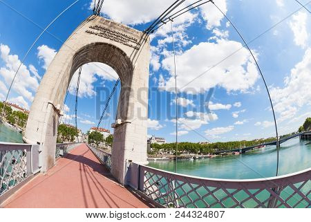 Lyon Cityscape From Passerelle Du College Footbridge Over The Rhone River, France