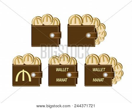 Set Of Brown  Wallets With Manat Coins On A White Background , Currency In The Wallet,sign And Symbo