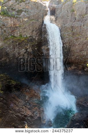 Photo Of Manafossen Waterfall In Norway. Aerial Shot. View From Above.