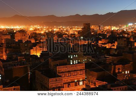 The Capital Of Yemen. View On The Old City From Roof At Night