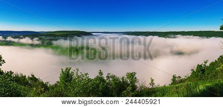 Dnister River Landscape In Ternopil Region Of Western Ukraine. Idillyc View From Above In The Mornin