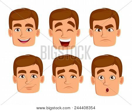 Face Expressions Of Man With Brown Hair. Different Male Emotions Set. Handsome Cartoon Character. Ve