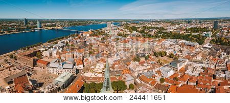 May 20, 2018. Riga, Latvia. Beautiful Aerial Riga View From Above With Golden Rooster On The Top Of 