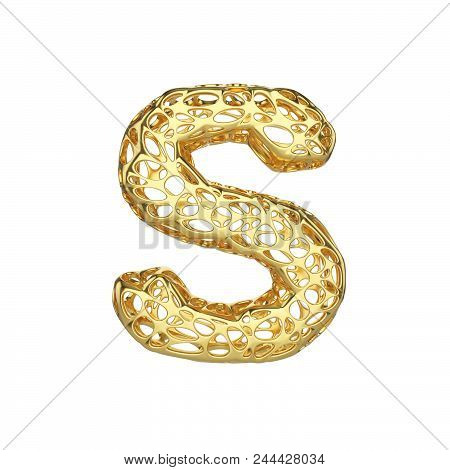 Alphabet Letter S Uppercase. Gold Font Made Of Yellow Cellular Framework. 3d Render Isolated On Whit