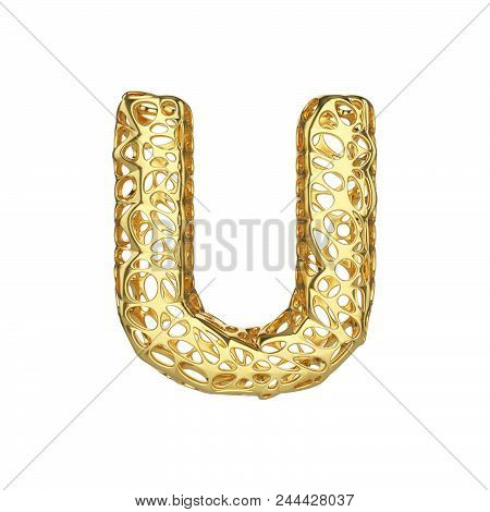 Alphabet Letter U Uppercase. Gold Font Made Of Yellow Cellular Framework. 3d Render Isolated On Whit