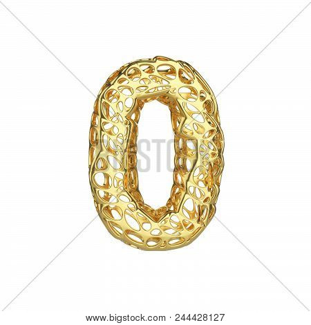 Alphabet Number 0. Gold Font Made Of Yellow Cellular Framework. 3d Render Isolated On White Backgrou