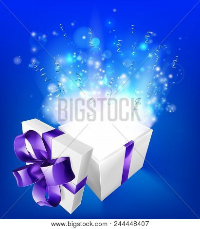 A Glowing Magical Gift Box Concept For An Exciting Birthday, Christmas Or Other Gift Or Present.