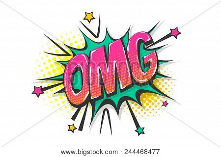 Omg Ouch Oops Wow Comic Text Speech Bubble. Colored Pop Art Style Sound Effect. Halftone Vector Illu