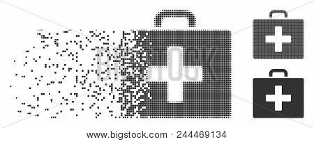 Grey Vector First Aid Bag Icon In Dispersed, Pixelated Halftone And Undamaged Whole Variants. Disint