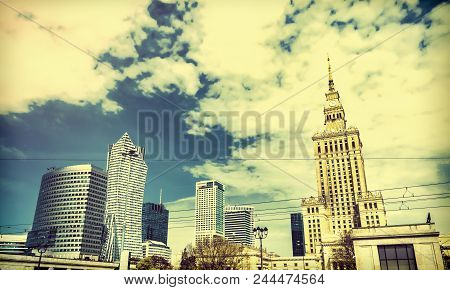 Panorama Of Warsaw With Modern Skyscrapers On A Sunny Day Overlooking The Palace Of Culture.