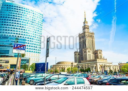 Warsaw, Poland - May 06, 2017: Palace Of Culture And Science In Warsaw On Sunny Day With Blue Sky An