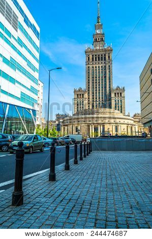 Warsaw, Poland - May 06, 2017: Palace Of Culture And Science In Warsaw On Sunny Day With Blue Sky An