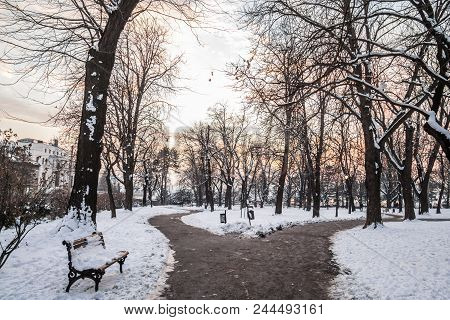 Frozen Path In The Park Of Kalemegdan Fortress, In Belgrade, Serbia, During A Harsh Winter Afternoon