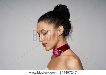 Beauty Closeup Profile Portrait Of Beautiful Mixed Race Caucasian - African American Woman Wearing C