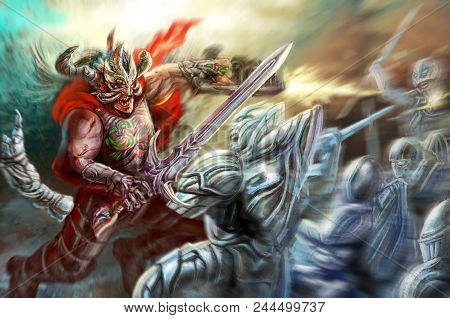 A Brave Knight Of Fire Against The Ice Army. Colorful Picture In The Genre Of Fantasy.