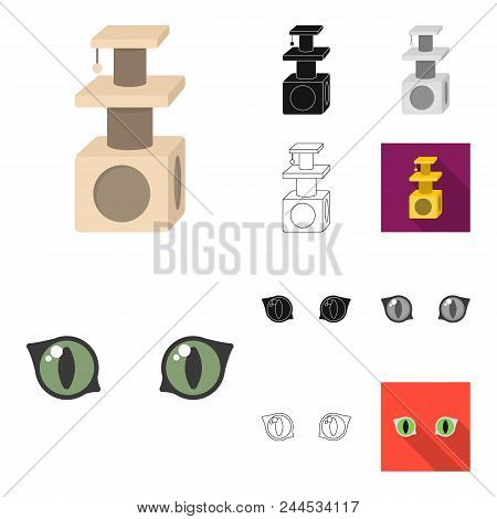 An Animal Cat Cartoon, Black, Flat, Monochrome, Outline Icons In Set Collection For Design. Caring F