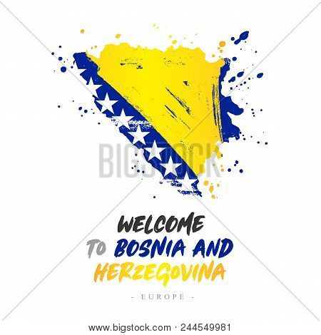 Welcome To Bosnia And Herzegovina. Europe. Flag And Map Of The Country Of Bosnia And Herzegovina Fro