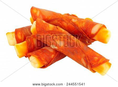 Gouda Cheese Wrapped In Spicy Chorizo Rollitos Isolated On A White Background