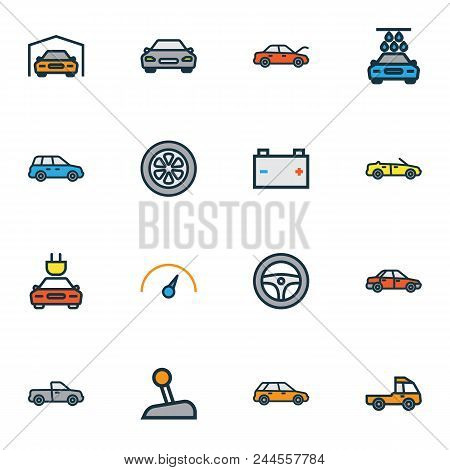 Auto Icons Colored Line Set With Cabriolet, Speedometer, Gear And Other Rudder Elements. Isolated Ve