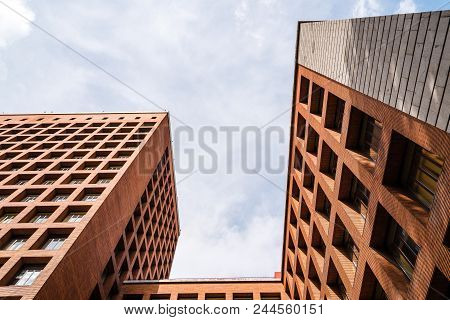 Madrid, Spain - June 2, 2018: Low Angle View Of Rationalist Brick Building  Located Near Prado Museu