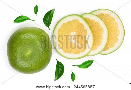 Citrus Sweetie Or Pomelit, Oroblanco With Slices And Leaf Isolated On White Background Close-up. Top
